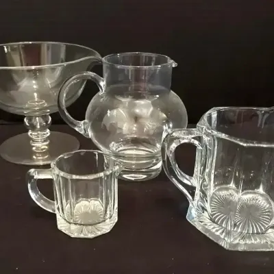 4 Clear Glass Serving Pieces - Footed Gravy Boat, Pitchers, Mini Creamer, EAPG