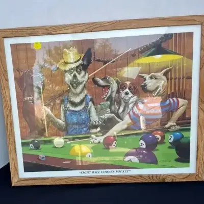 Cartoon Dogs Playing Pool Artwork - Wood Frame, Eight Ball Corner Pocket, D Millsap