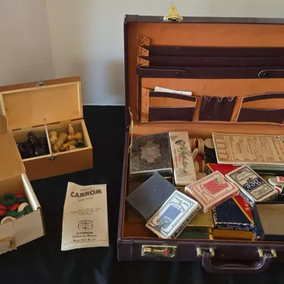 Games In A Combination Case - Chess Pieces, Decks Of Playing Cards, Bridge, Pinochle, Poker Chips