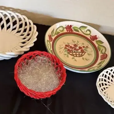 Decorative Bowls - Maroon/Green Floral, Red, White, Open Basket Ceramic