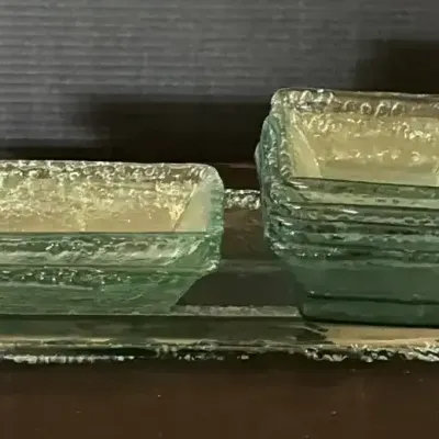 Green Frosted Glassware - Large Serving Platter, 2 Rectangle Dishes, 4 Square Bowls