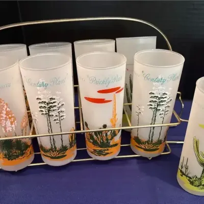 9 VTG Blakely Oil & Gas Arizona Cactus Glasses - Frosted Highball, Metal Caddy & Newspaper Clippings