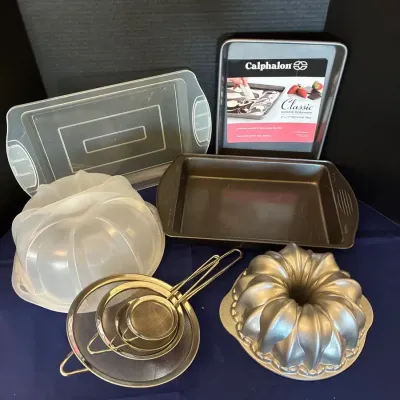 Bakeware - Brownie Pan, Baking Sheet, Bundt Cake Pan, Cake Keeper, Handled Nesting Colanders, Sifter