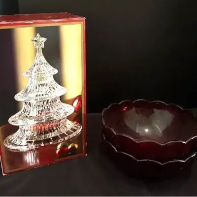 Christmas Crystal - Gorham Holiday Traditions 3 Tier Tree Dish + 2 Godinger Dublin Ruby Red Bowls