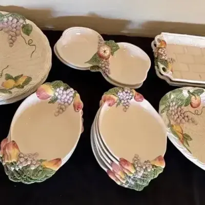 Creazioni Originali Italy Ceramic Plate Set - 3D Fruit & Leaves, Basket Weave Design, Platter, Bowls