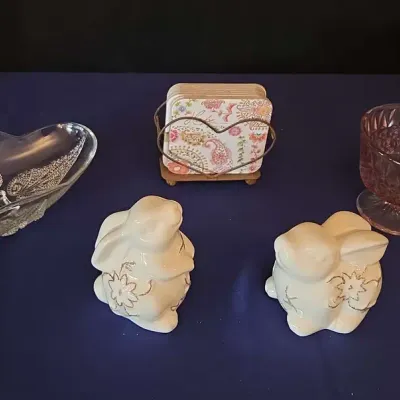 Spring Candy Dishes, Coasters, Bunny Figurines - Jeannette Pink Depression Glass, "Renaissance" Bowl