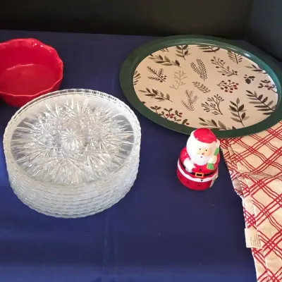 Holiday Serving - Maioliche Jessica Snack Tray, Lenox Crystal Cake Plates, Santa Claus Timer