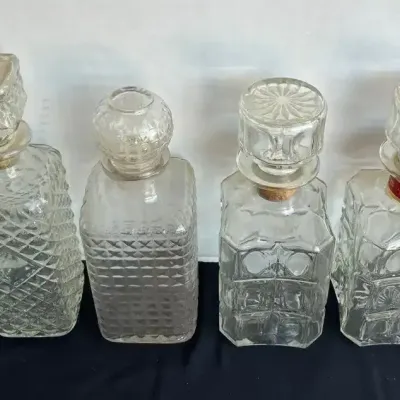 Glass Decanters W/ Decorative Patterns - Hiram Walker Whiskey, Crystal, Bottle, Barware, Diamond Cut