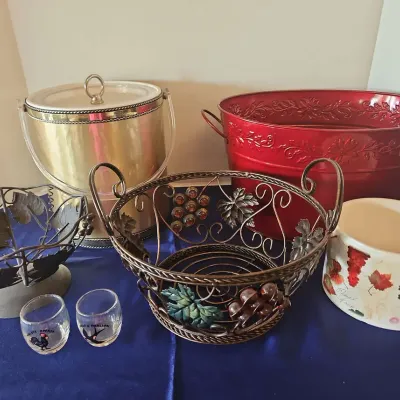 Fall Kitchenware And Decor - Ice Bucket, Beverage Tub, Baskets, Bowl, Shot Glasses