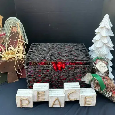 Christmas Decor - Stand Up Nativity, Peace Blocks, Basket With Cranberries, Pinecones, White Tree