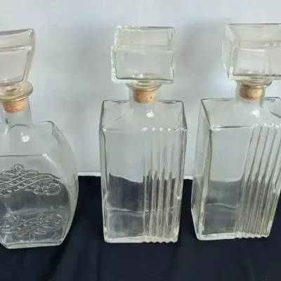 Decorative Pressed Glass Decanters W/ Cork Tops - Crystal, Bottles, Stoppers, Barware, Scrollwork