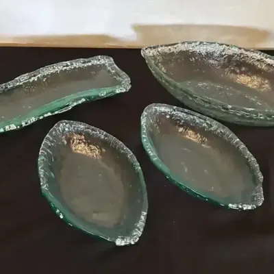 Green Art Glass Display Items - Leaf Shape, Rustic Edges, Tray, Bowls 