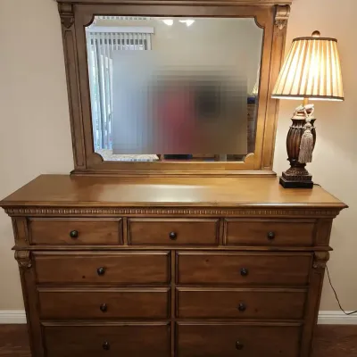 Dresser, Mirror & Lamp - 9 Drawer Dresser, Warm Wood, Mirror, Lamp