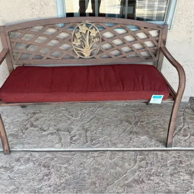 Metal Outdoor Bench -  Floral Motif + 2 NEW Removable Dark Red Premium Cushions
