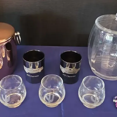 Barware - Ice Buckets & Saguaro Glassware, Cocktail Straws, Silver Colored Glasses Classic Cars