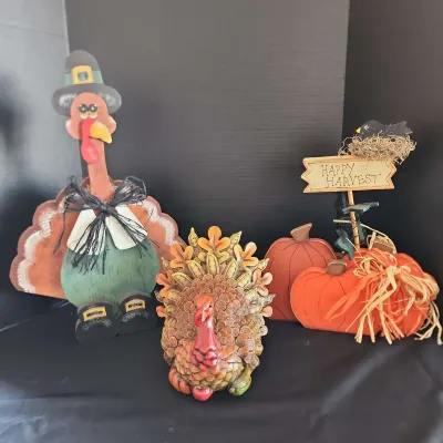 Fall Decor - Wooden Turkey, Plaster Table Turkey, Wood Pumpkin "Happy Harvest"