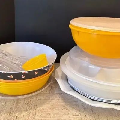 Halloween Party Time - Travel Veggie Tray, Plastic, Bowls, Orange Tupperware, White Round Platters