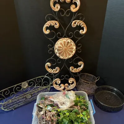 Metal Decorative Items - Carved Medallion & Flourishes Metal Wall Decor, Metal Scrollwork Basket