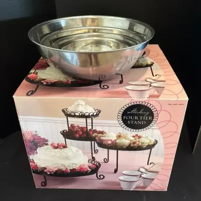 Dessert Ready - Stacking 4 Tier Stand Wrought Iron w/ Brushed Copper Finish, Stainless Steel Bowls