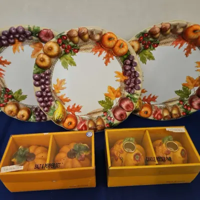 Holiday Fall Decor - Set Of Plastic Plates, Salt Pepper Shakers, Candle Holder Pair