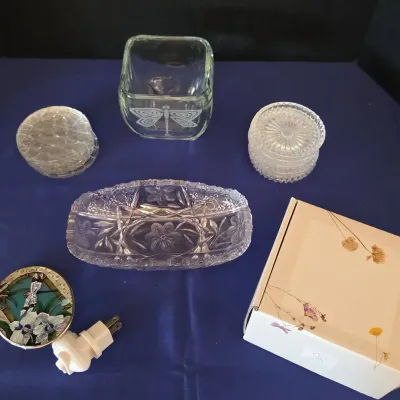 Dragonfly Decor - Crystal & Glass Coasters, Vase, Crystal Serving Dish, Glass Nightlight, Care Box