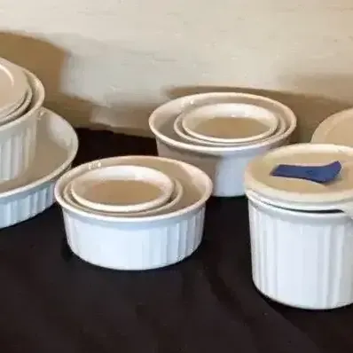 French White Corning Ware - Plastic Lids, Pie Dish, Serving Bowls, Cream Container, Oval Dish