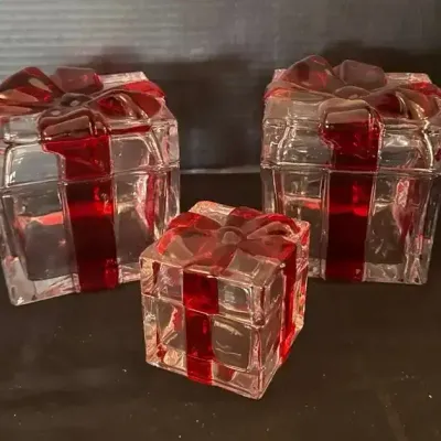 3 Glass Christmas Present Decor - Clear, Red, Candy Jars
