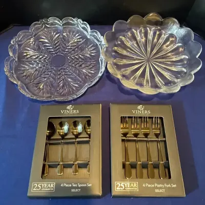 Glass Serving Trays + Viners 4 Piece Fork & Spoon Sets - Crystal, Floral, Silverware, Centerpiece