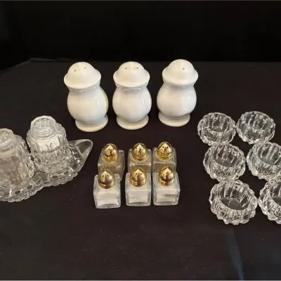 Feeling Salty? Salt & Pepper Shakers, Czech Crystal Tray, 6 Pressed Glass Salt Cellars Dips