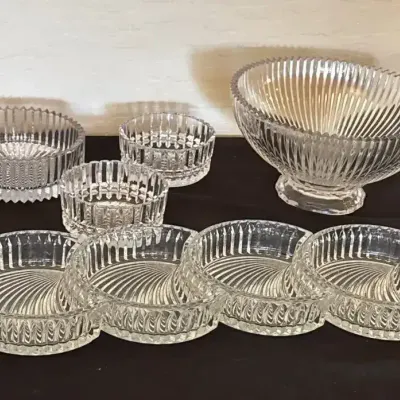 Fine Ribbed Crystal Set - Punch Bowl, 4 Crescent Dishes, 2 Small Bowls, Medium Bowl