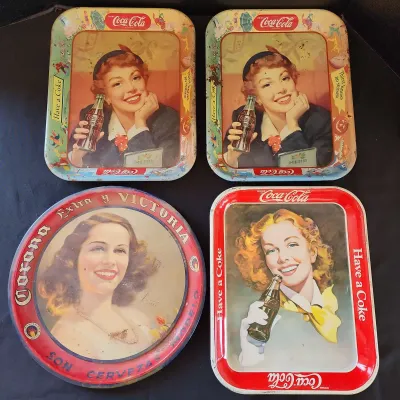 Coca-Cola & Corona Metal Trays - 3 Coca-Cola Metal Rectangle Serving Trays, 1 Round Corona Tray