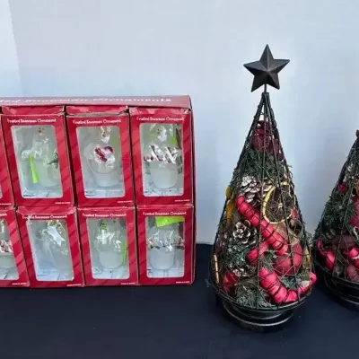 Christmas House Decor - 8 Frosted Snowman Ornaments, 2 Metal Trees Filled With Potpourri 