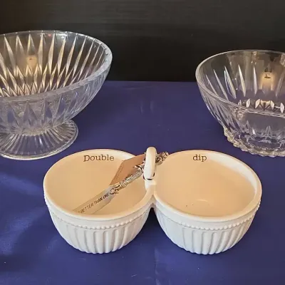 Cristal d'Arques Durand Villandry Serving Bowl, Mud Pie Circa Double Dip Set, Glass Pedestal Bowl