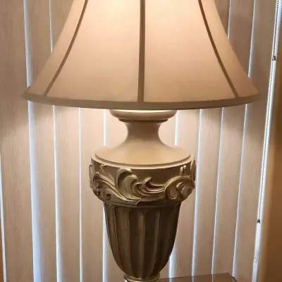 Matching Pair Of Beige & Gold Scroll Urn Style Lamps, Cream Shades, Works, 36" Tall W/Shade