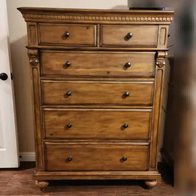 6 Drawer Chest Of Drawers, Medium Wood, Fluted Side Trim, 55" Tall X 42" Wide