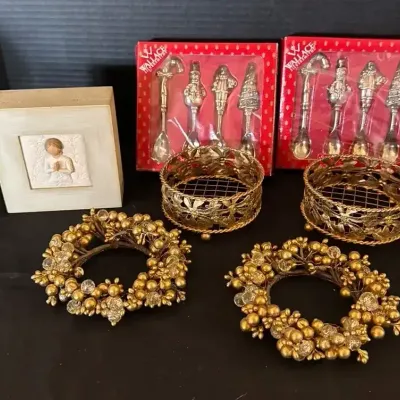 Christmas Home Decor - Wallace Silversmith Spoons, Gold Candle Holders & Rings, Willow Tree Box