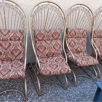 4 Outdoor Peacock Style Rocking Chairs - Removable Dark Red Damask Cushions, Patio