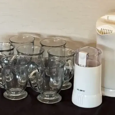 Coffee Time - 8 Glass Mugs, Mr Coffee Grinder, Proctor Silex Electric Kettle
