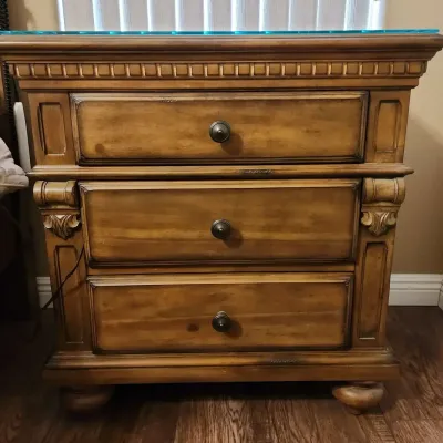 2 Matching Nightstands, Medium Wood, 3 Drawers, Glass Top, Metal Pulls