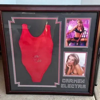 Carmen Electra Autographed Collage Art - Dark Wood Frame, 2 Pictures, Signed Lifeguard Swimsuit