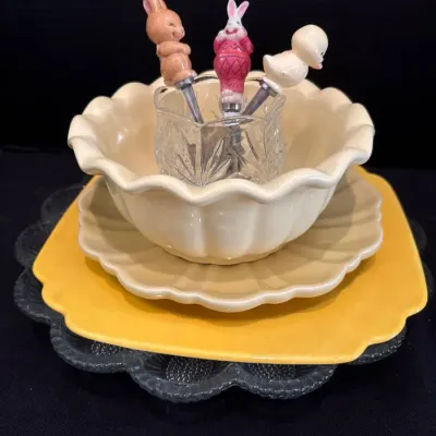 Easter Serveware - Indiana Glass Deviled Egg Tray, Noritake Crystal Votive, Bunny & Chick Flatware