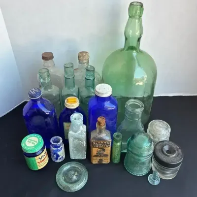 Assorted Glass Bottles - Vicks VapoRub, Sloans Family Lintment, Drug Bottles, Liquor Bottles