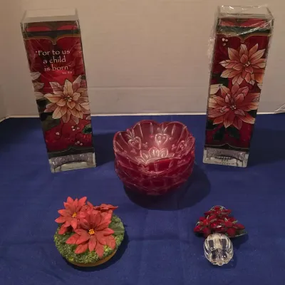 Red Poinsettia Decor - Fenton Glass Art, Glass Bowls, Pillar Candle Holders