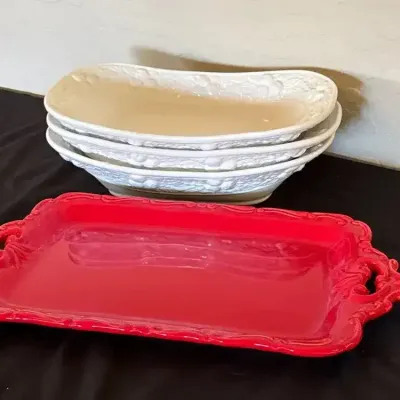 Italy Serving Dishes - CWC, Majoliche M Jessica, Red, White, Platter Tray, Long Bowls, Embossed 