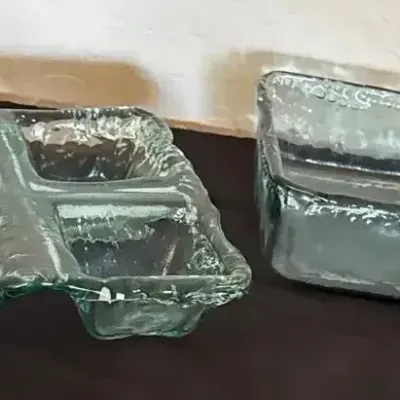 Green Art Glass Square Serving Dishes - 4 Section, Wavy Trim, Deep Dish, Rustic Edge, Sea Green
