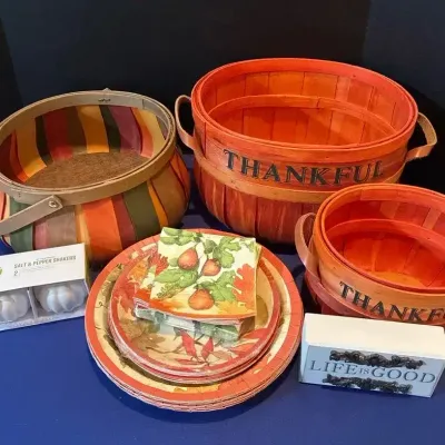 Autumn/Thanksgiving Decor Items - Wicker Slat Apple Baskets, Pumpkin, Salt & Pepper Shaker, Plates