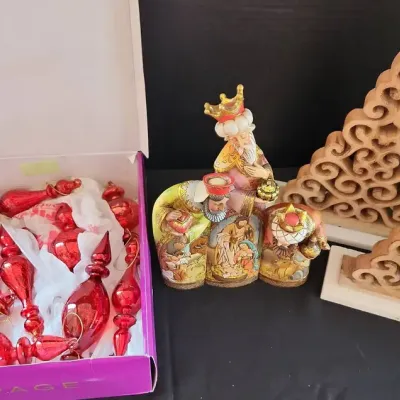 Christmas Decor & Ornaments - Red Glass Ornaments, 2 Wooden Scroll Trees On Marble Base, Nativity 