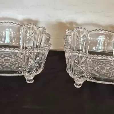 Cut Crystal Raised Serving Bowls - Square, Etched Geometric Design, Scallop Edges, Heavy
