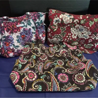 3 Vera Bradley Quilted Cotton Tote Bags - Black, Maroon, Gray, Floral, Paisley, Purses