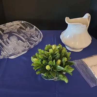 Crystal Footed Pedestal Platter, Vintage McNees Ceramic Pitcher